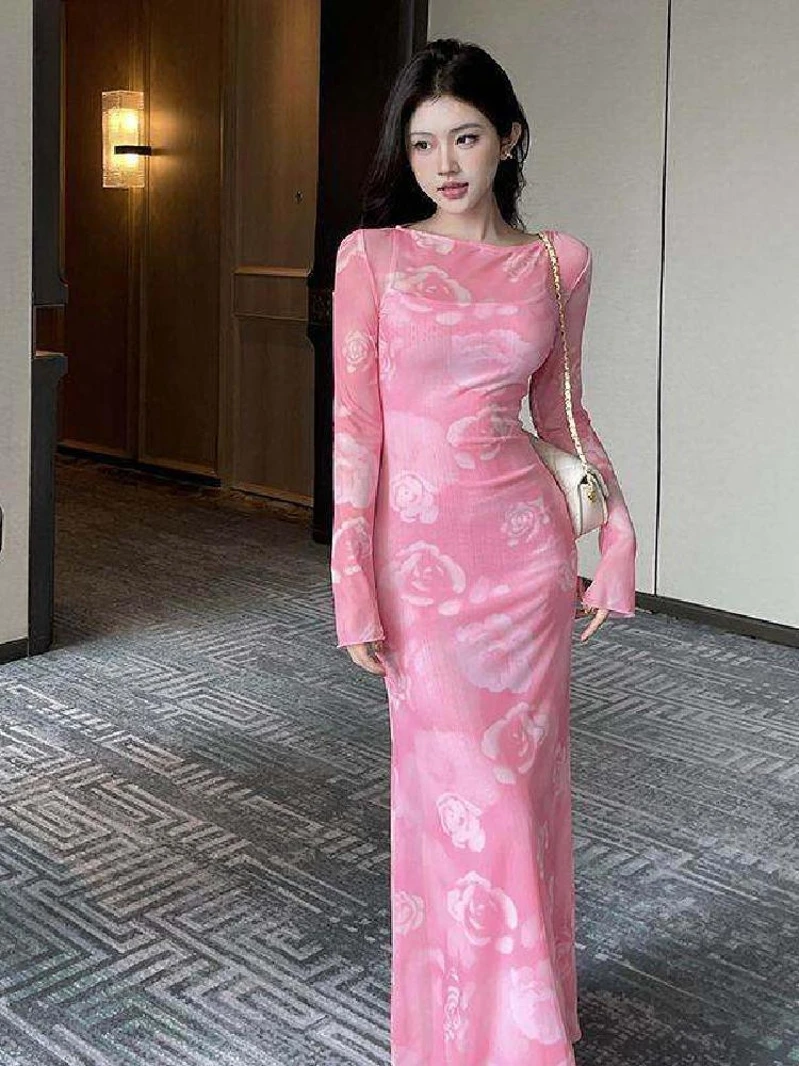 Elegant Rose Gradient Mesh Dress with Inner  And Strap Two-Piece Set Anti-Light Cotton Blend Vintage Fashion Women's Ou...