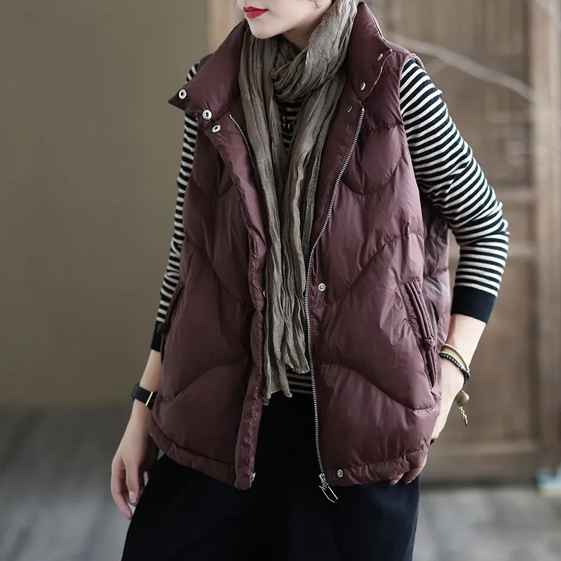 Warm Oversize Down Waistcoat Jacket Autumn Winter Women Thicken White Duck Down Vest Ladies Stand Collar Short Sleeveless Coat