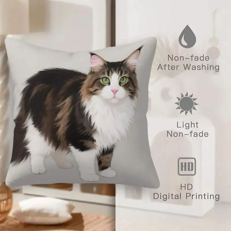 1pc Fluffy Cat Pillow Cover Green Eyes Polyester 17.7×17.7in Zipper Washable No Insert