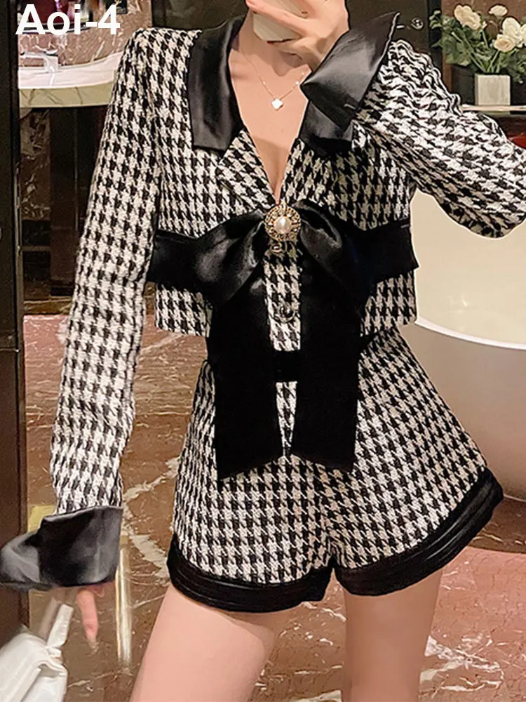 

Fashion Sexy Plaid Stitching Suit Women 2023 Autumn Winter Notched Long Sleeve Bow Tie Short Coat+Wide Leg Shorts Two-Piece Set