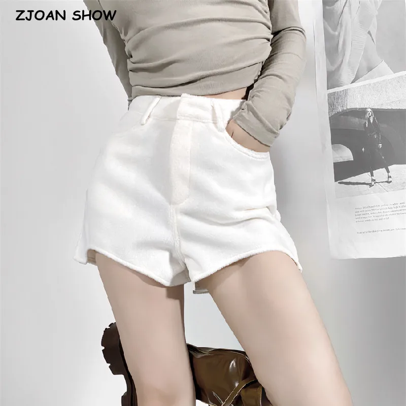 

2023 Autumn Sexy Women High Waist Cut Out Hem Booty Shorts Slim Woolen Hot Pants White Black