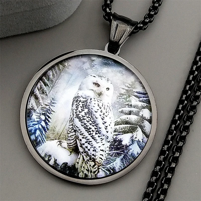 Geheimnisvolle Schneeeule Runde Glas Medaille Anhänger Halskette Für Frauen Männer Edelstahl Gold Farbe Foto Tier Kette Schmuck – Detail 6