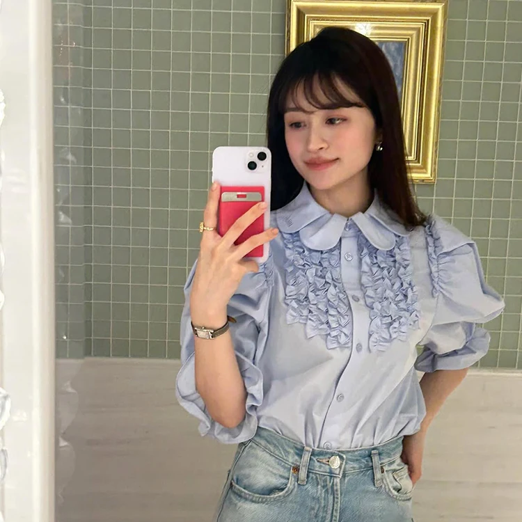 Japanese Sweet Petal Collar Fungus Edge Bubble Short Sleeve Blouse 2025 New Summer Ladies Elegant White and Blue Shirts Blusas