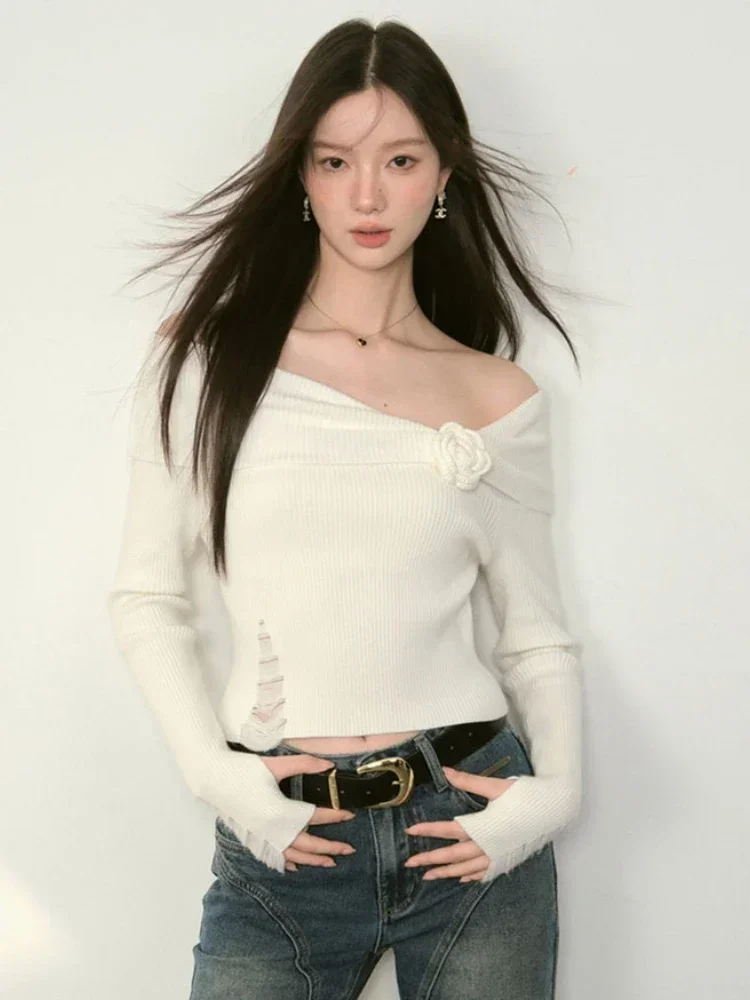 ニットプルオーバー女性スラッシュネッククロップドスリム 3D フラワーセクシーなオールマッチオフショルダー韓国スタイルガールズデザイン入札ファッション