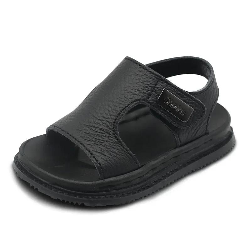 Boys Sandals Summer Children Soft Sole Non-slip Beach Shoe Black PU Leather Flat Sandals Fashion Comfortable Platform Kids Shoes