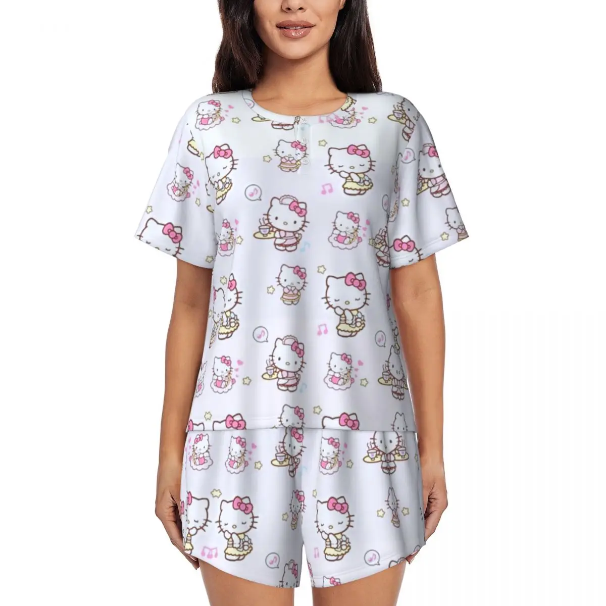 

Women's Pajamas Set Hello Kitty Down Tops and Shorts Pajama 2 Piece Pyjama Femme Nightwear Loungewear for Summer