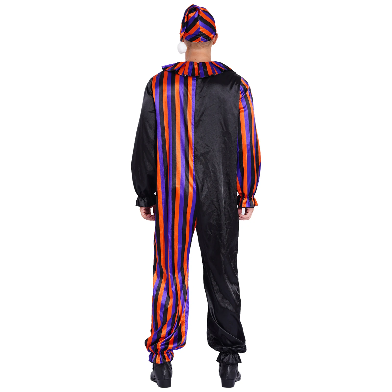 

2Pcs Men Clown Jumpsuit With Hat Set Comfort Fit Adjustable Waist Striped Long Sleeve Pompoms Joker Roleplay Halloween Costume