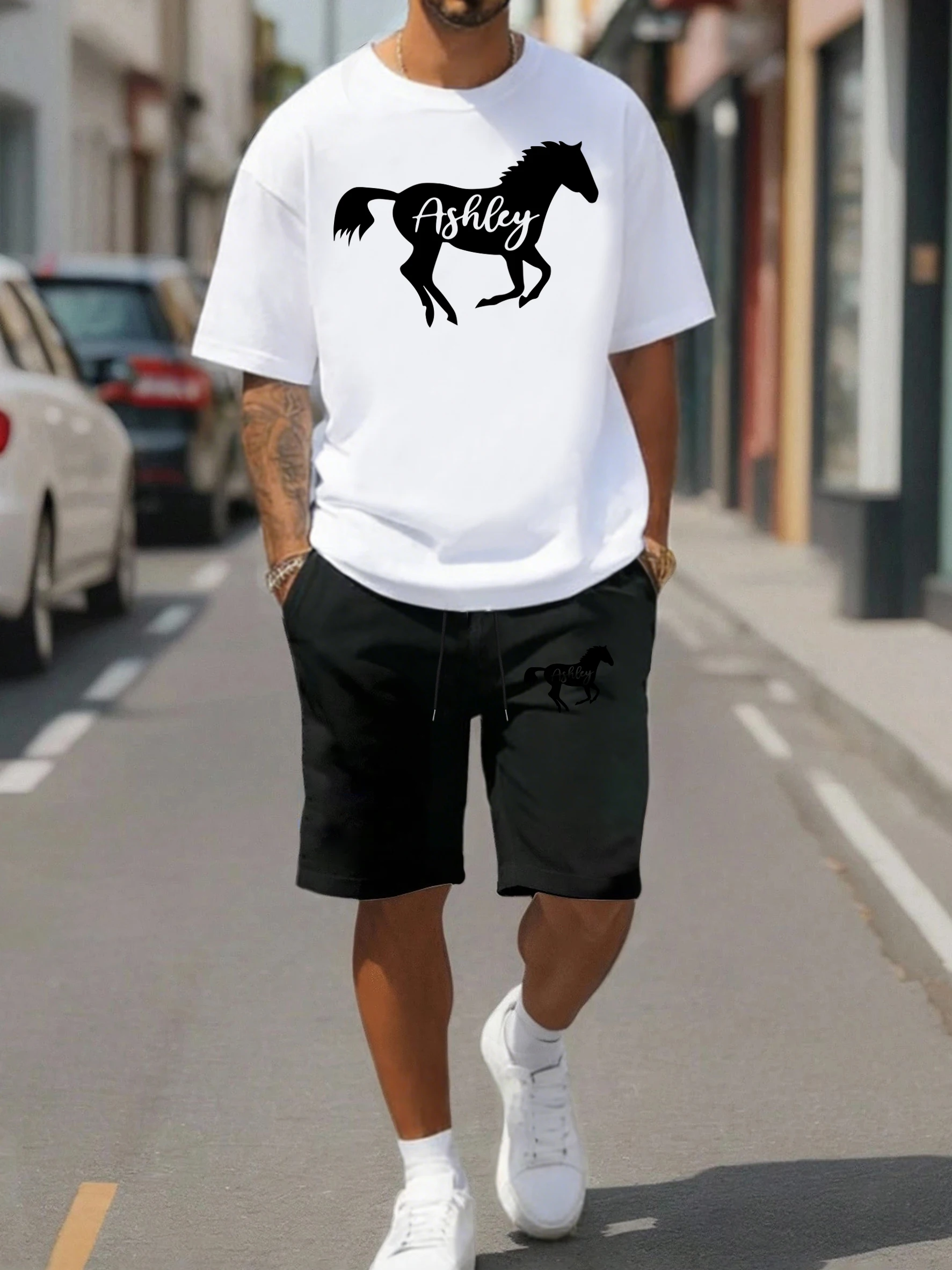 

A Free Running Horseprint Men T Shirts Suit O-Neck Cotton T-Shirt Casual Loose Drawstring Pants Man Summer Basics Sportsuit