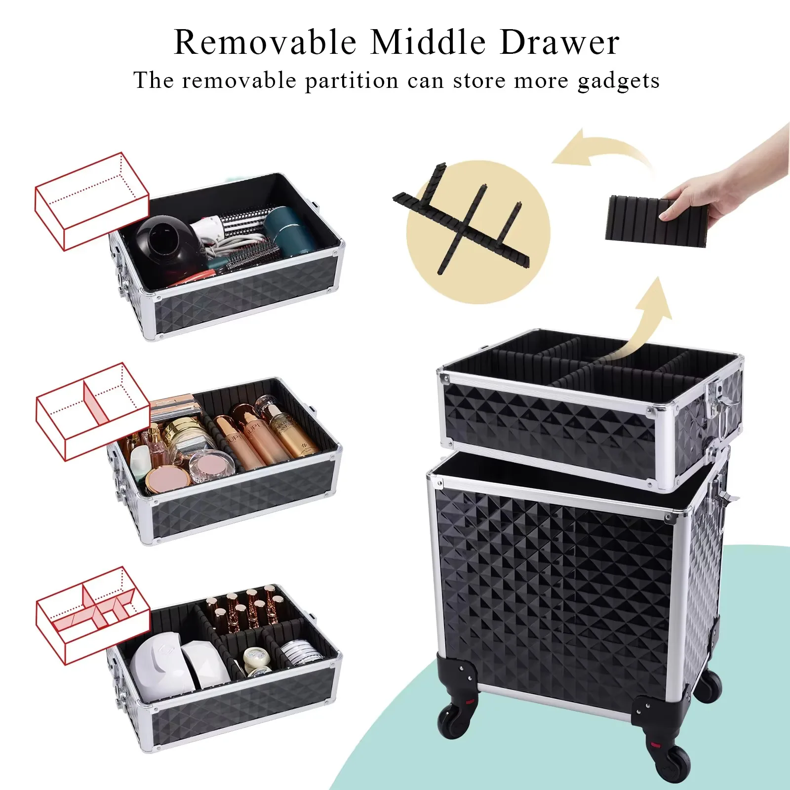 Maletín de maquillaje con ruedas, maletín de maquillaje con ruedas, maletín de maquillaje extra grande con 4 bandejas, carrito de maquillaje con ruedas y cierres, maletín de maquillaje portátil, carrito para herramientas de peluquería y manicura, carrito desmontable 3 en 1, maletín de maquillaje con ruedas, carrito de belleza.
