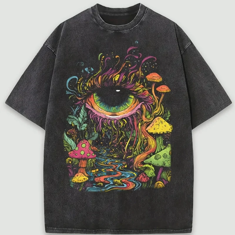 Retro Trippy Mushroom Eye T-shirt Men Women Washed Black Tee Casual Streetwear Psychedelic Graphic Tops