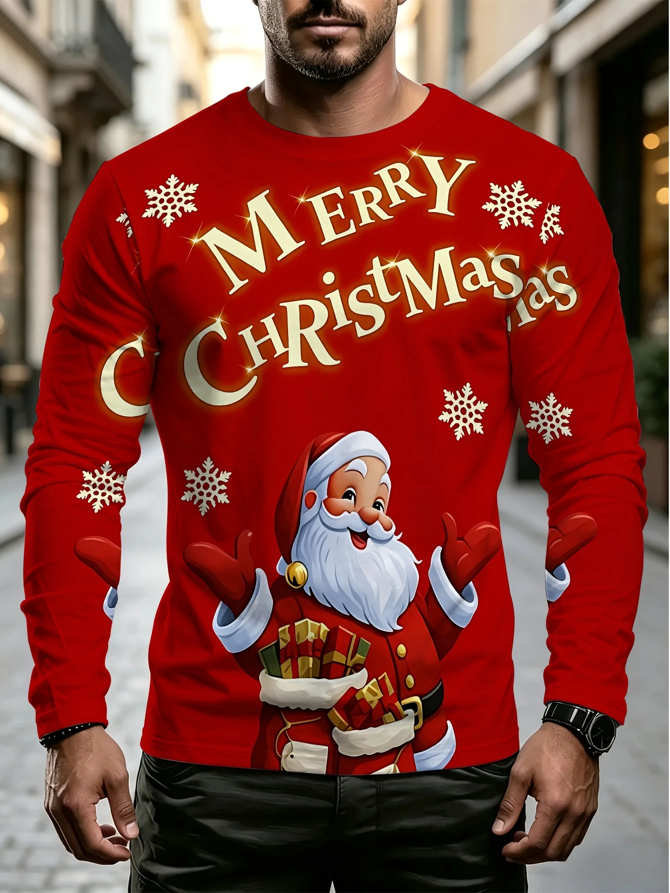 Men Long Sleeve Tshirt Santa Drive Car Christmas Tree 3D Print Autumn Winter Holiday Party Casual Top New Year Gift Mens Clothes