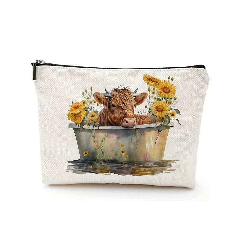 1pc Highland Cow Cosmetic Bag Stylish Floral Design Durable Makeup Organizer Ideal Travel Toiletry Tote Womens Cosmetic Pouch