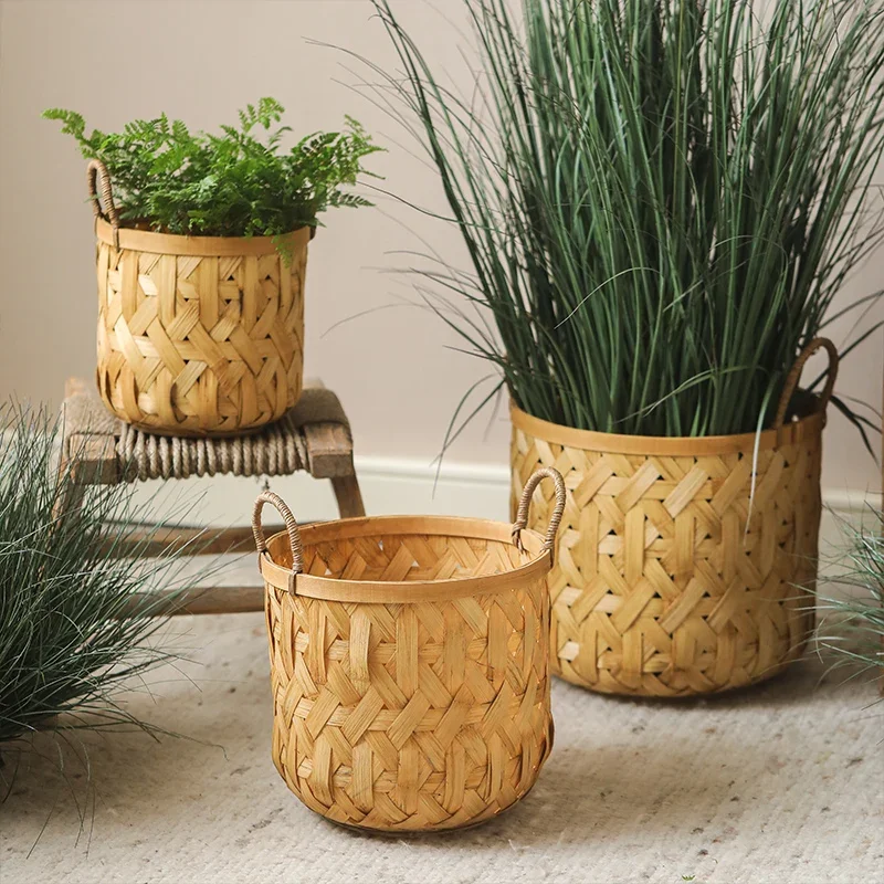 Bamboo Woven Hand Basket Living Room Green Plants Flower Bucket Balcony Floor Nursery Pots Versatile Scene Gardening Decoration