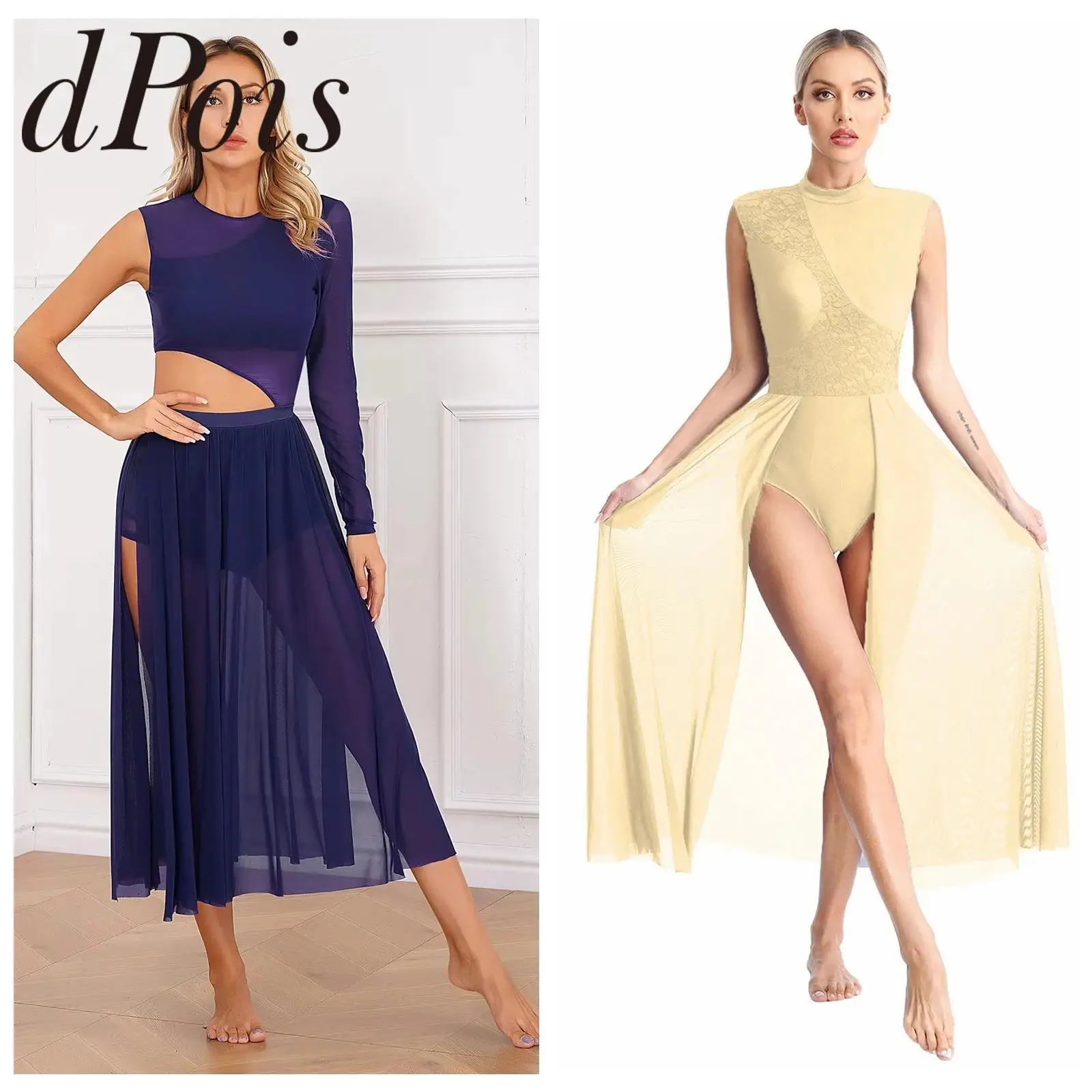 

Elegant Women Lyrical Dance Costume Mesh Split Hollow Waist Figure Skating Gymnastics Leotard Dress Femme Ballet Dance Dress