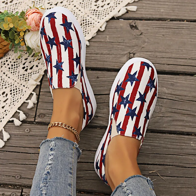 Independence Day Sneakers Women Canvas Shoes Fourth of July Print Espadrilles Soft Flats Slip-on Loafers Platform Casual Shoes