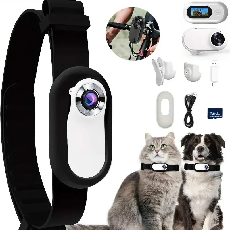 Cat Camera Collar with 32G Card, HD 1080P WiFi App Dog Collar, USB Rechargeable Adjustable Pet Camera Cam Christmas Gift