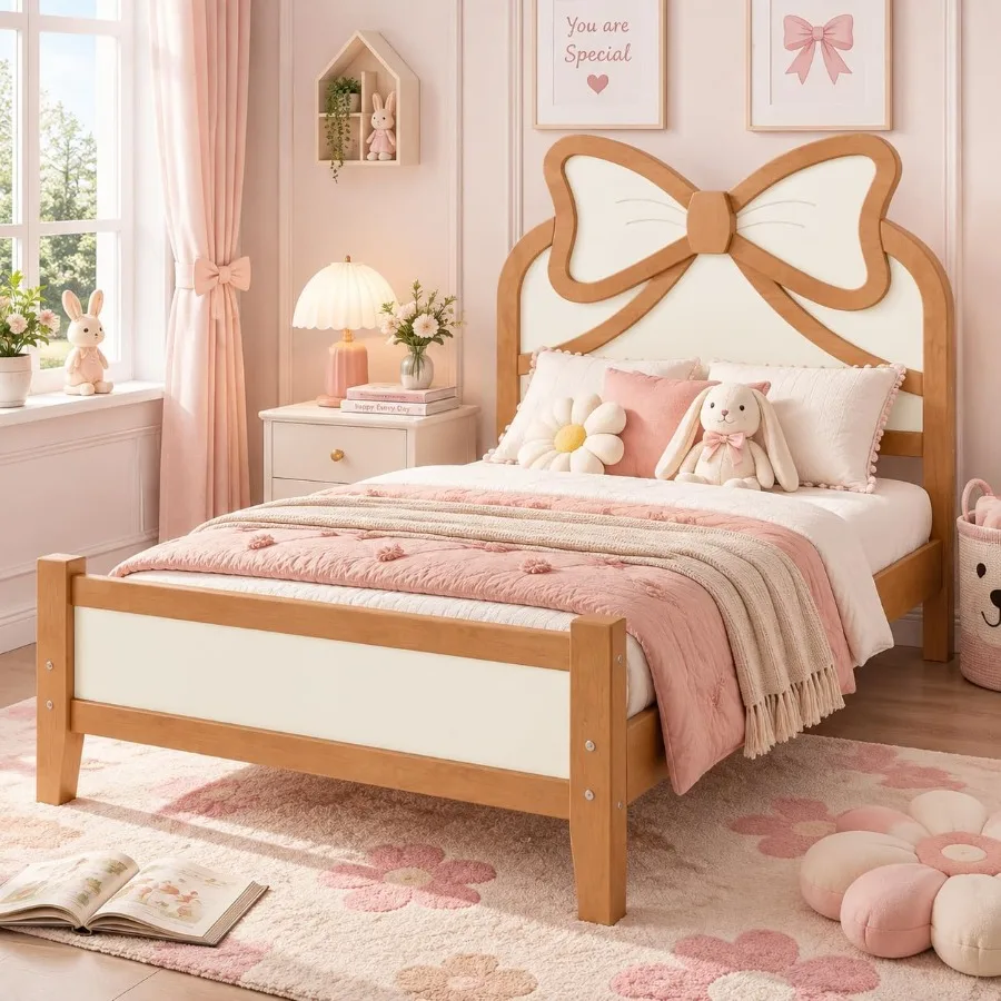 Size Wooden Platform Bed Frame with Bow-Shaped Headboard for bedroom use, solid wood construction, natural finish, minimalist d