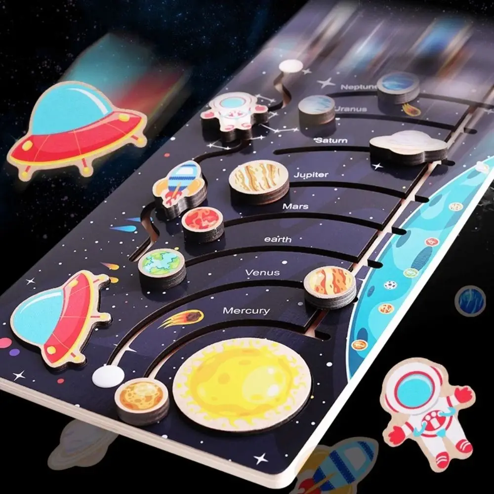 Lovely Wooden Solar System Puzzle Universe Astronomy Planets Matching Board Montessori Wooden Toy Learning Toy