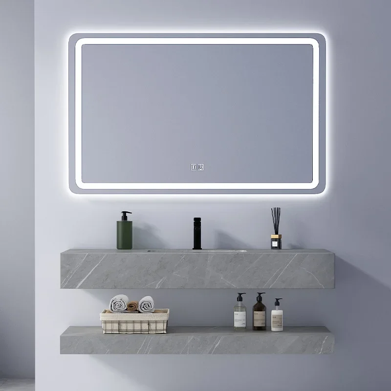 Gray Bathroom Cabinet Double-layer Slab Basin Combination Household Wall-mounted Washstand Hotel Bathroom Smart Mirror Vanity