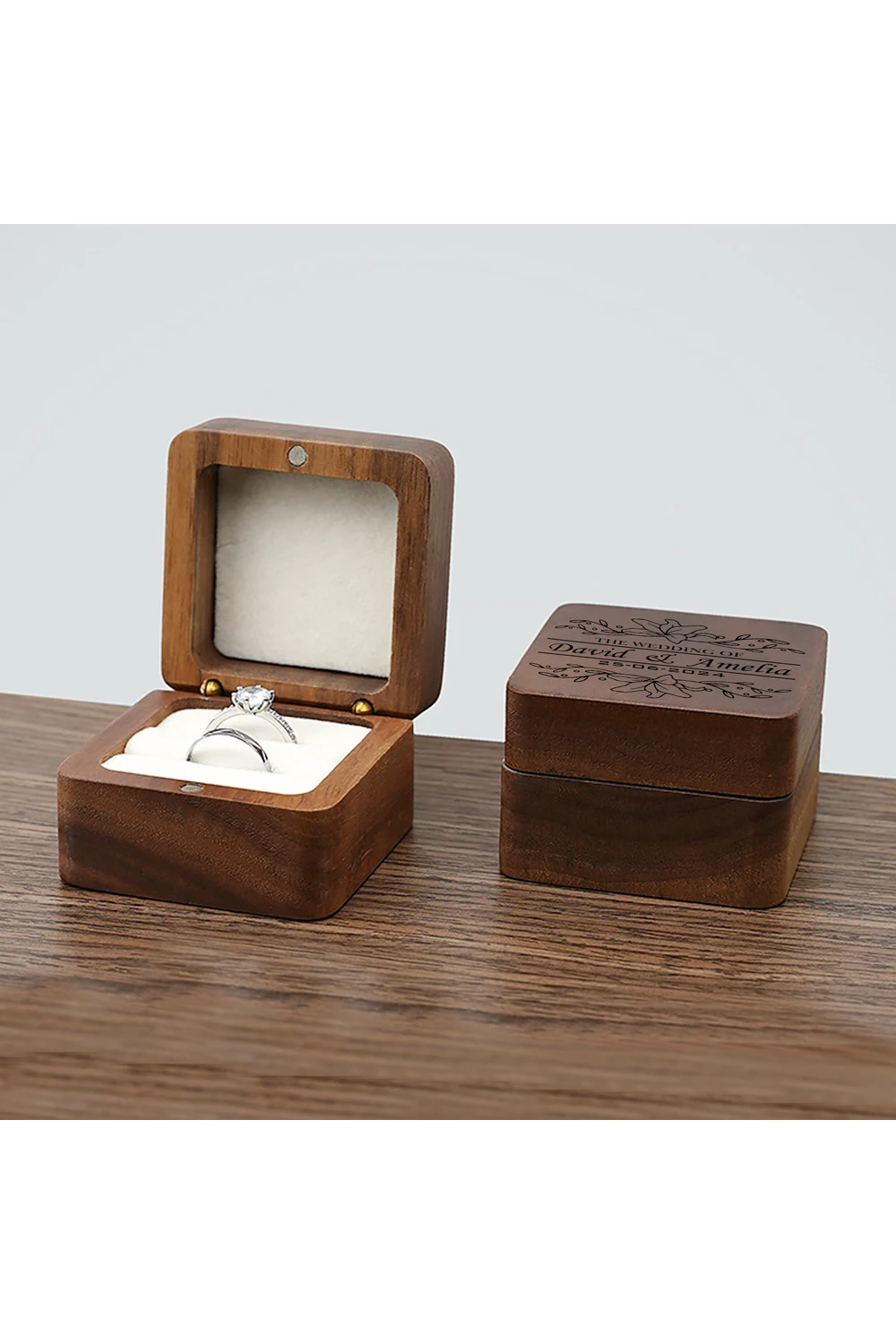 Custom Wooden Ring Box Personalized Engagement Wedding Rings Bearer Case Valentines Day Gift for Couples