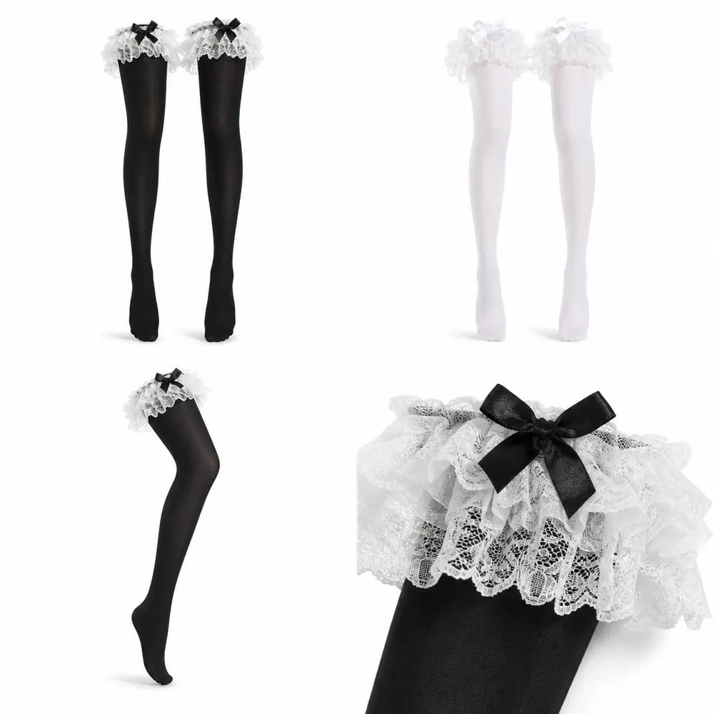Ruffled Lace Trim Thigh High Stockings Bow Smooth Finish Lace Top Stockings Elastic Top Over Knee Hosiery Costume Styling