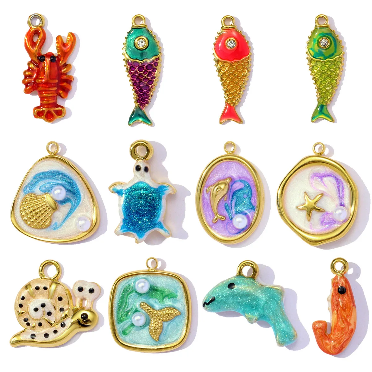 WG 1pc/lot Ocean Series Oil-Drip Fish Lobster Turtle Accessories For DIY Necklace Snail Bracelet Stainless Steel Jewelry