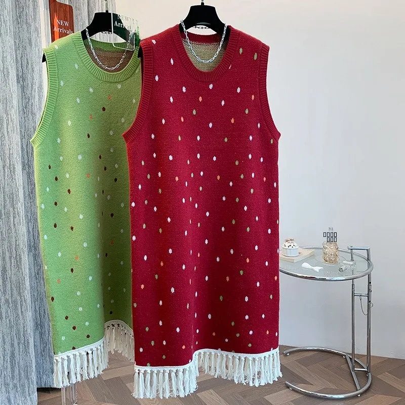 

Модное вязаное длинное платье-жилет в горошек с круглым вырезом для осени и зимы, вязаное платье А-силуэта для повседневной носки