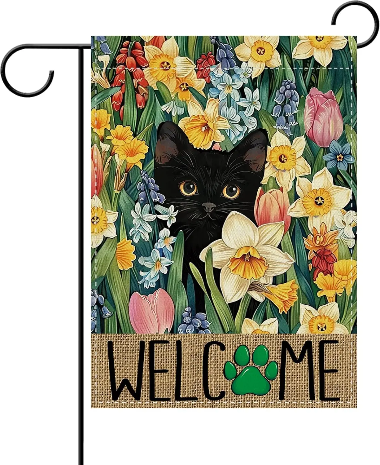 Dyrenson Welcome Spring Black Cat Floral Decorative Garden Flag, Daffodil Tulip Flower Yard Outside Home Decoration Pet Cat  IIC