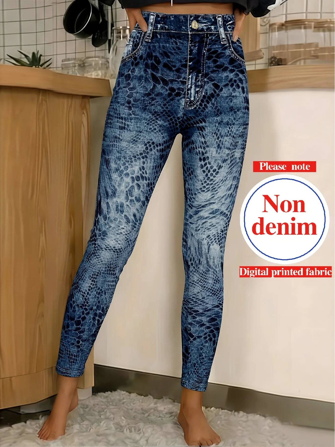 Women Mid?Rise Fleece Lined Leggings Snake Skin Print Non Denim Warm Elastic Casual Pants