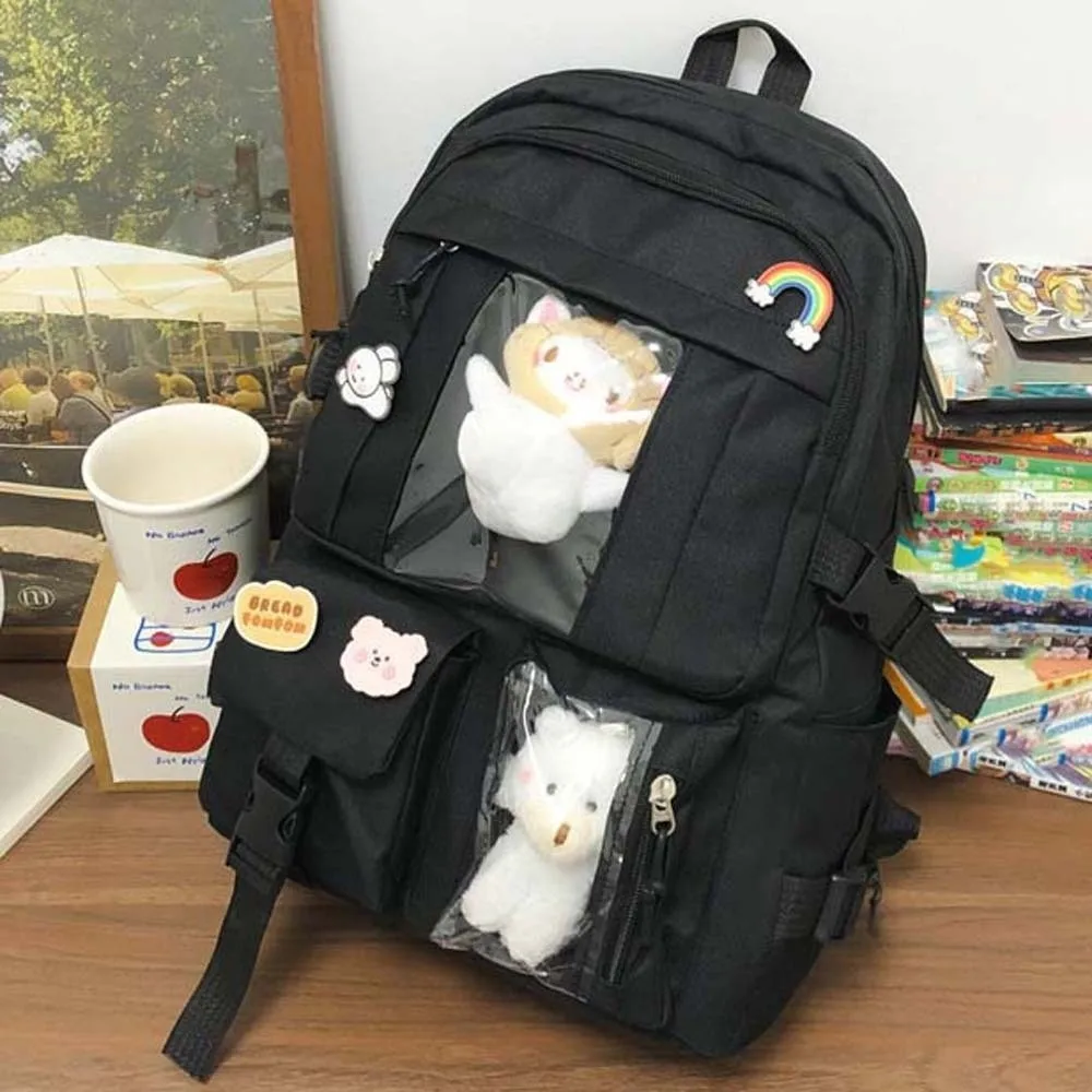 

Solid Color Nylon Ita Backpack Durable Dust-proof Students School Bag with Cartoon Pins Scratch Prevention