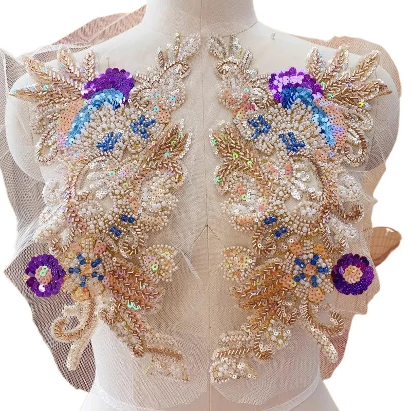 

2 штуки, изысканная вышивка бисером цвета шампань, кружевная аппликация, пайетки, декор из бусин, аксессуары для свадебных платьев ручной работы