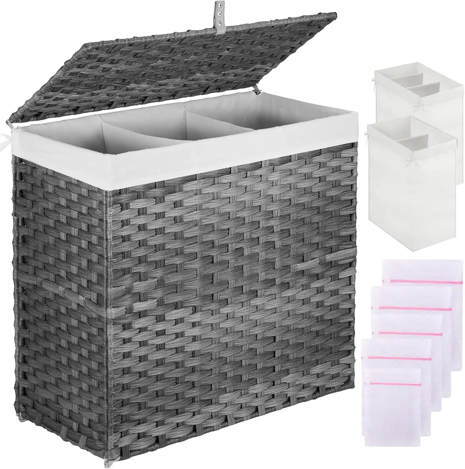 

125L Laundry Hamper with Lid, 3 Section & 2 Section Removable Liner Bags, Handwoven Synthetic Rattan Divided Laundry Basket,