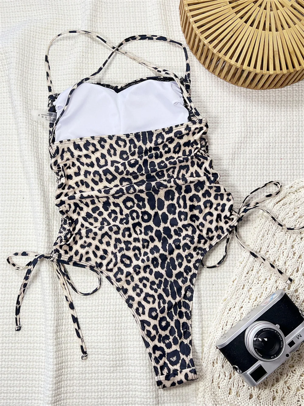 Sexy cordon léopard Bikini Push Up maillots de bain femmes dos nu une pièce maillot de bain jambe haute plissé Monokini pansement tenue de plage