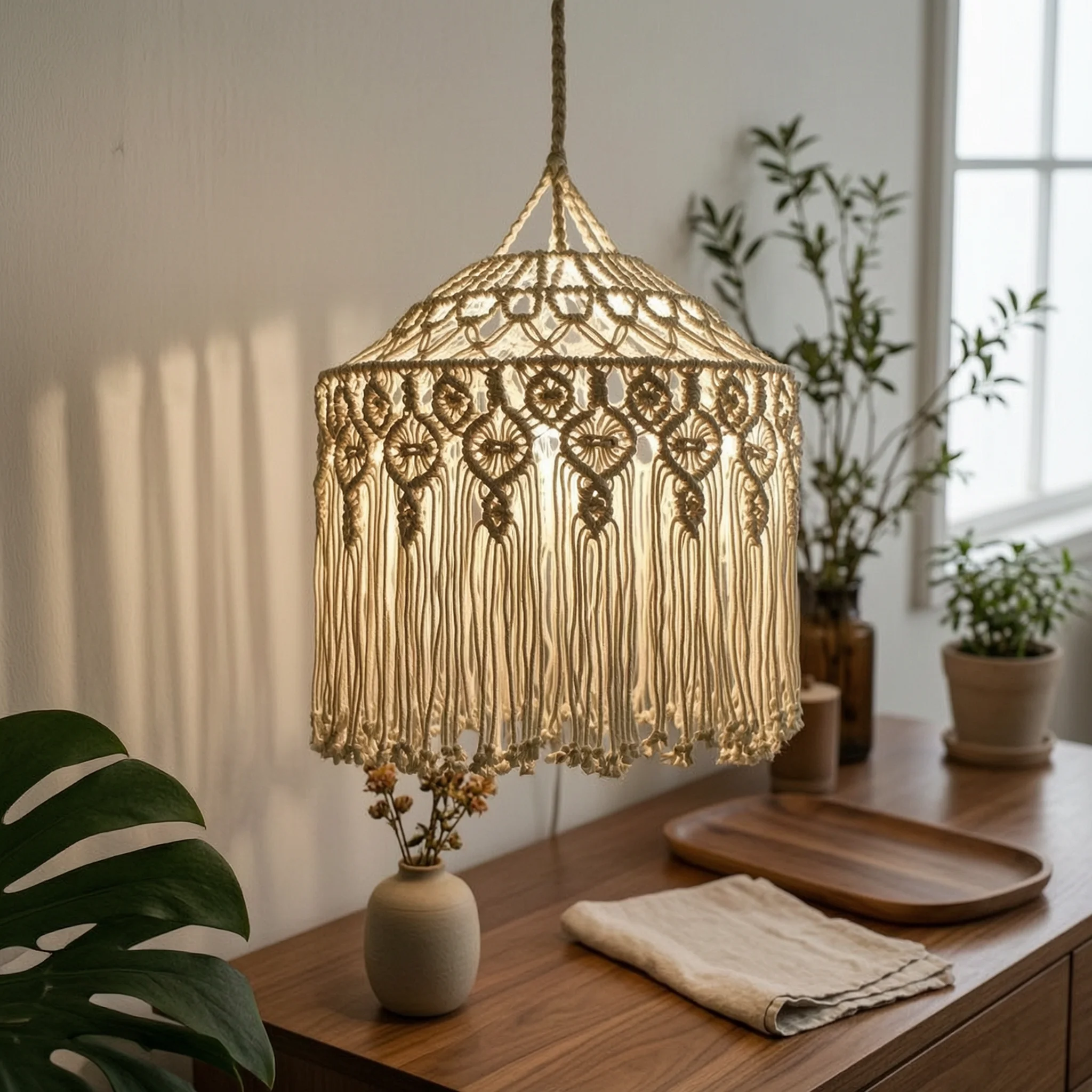 Macrame Lampshade Cotton Rope Macrame Lamp Shade Lampshade with Tassels Pendant Boho Light Shade Openwork for Bedroom