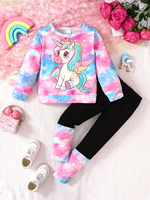 Girls' clothing set, round neck long sleeved tie dye unicorn hoodie top+spliced pants, casual and cute two-piece set