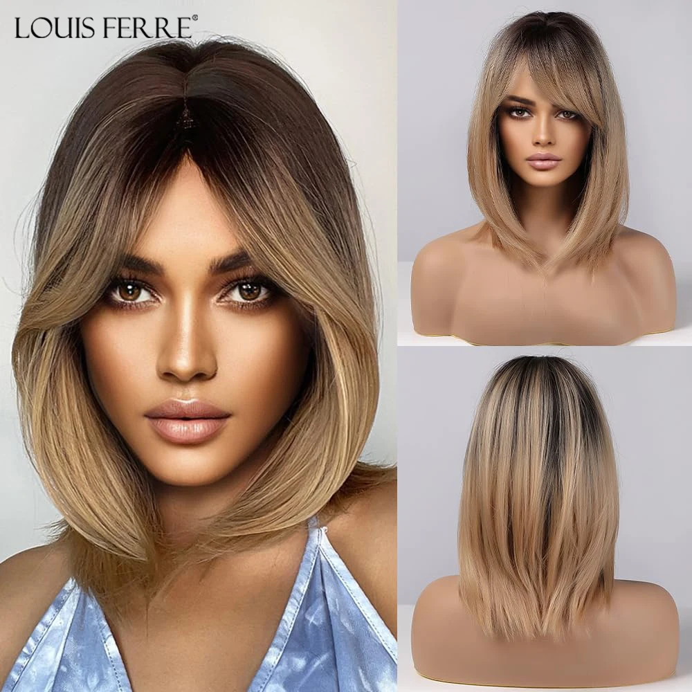 LOUIS FERRE Medium Straight Black Brown Golden Ombre Synthetic Wigs for Women Cosplay Bobo Wig With Bangs Heat Resistant Fibre