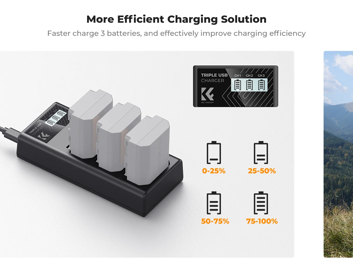 K&F Concept Chargeur Double NP-FZ100 Avec Écran LCD – Charge Rapide USB-C/Micro USB Pour Sony A7 III, A7R III, A9, A6600, A7R IV, FX30, A9 II