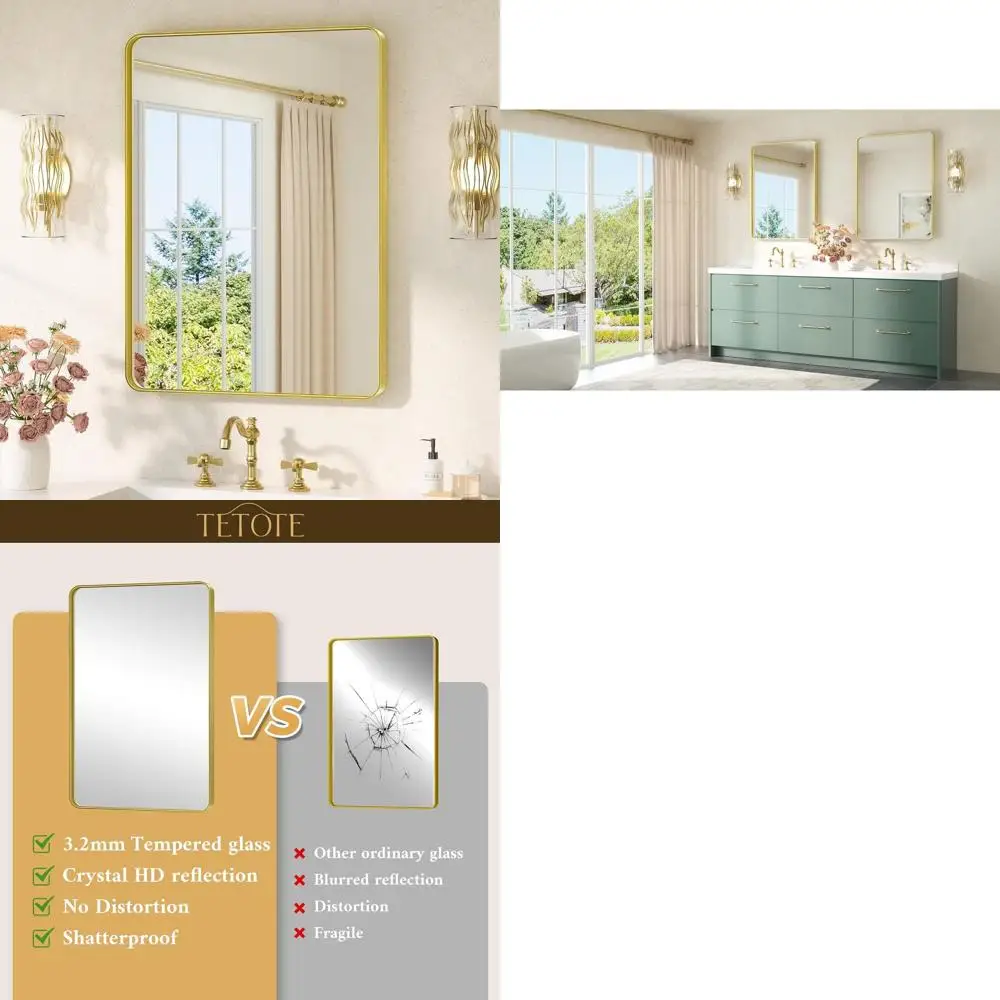 

24 x 32 Wall-Mounted Brushed Gold Bathroom Mirror with Tempered Glass, Horizontal or Vertical Mounting Options