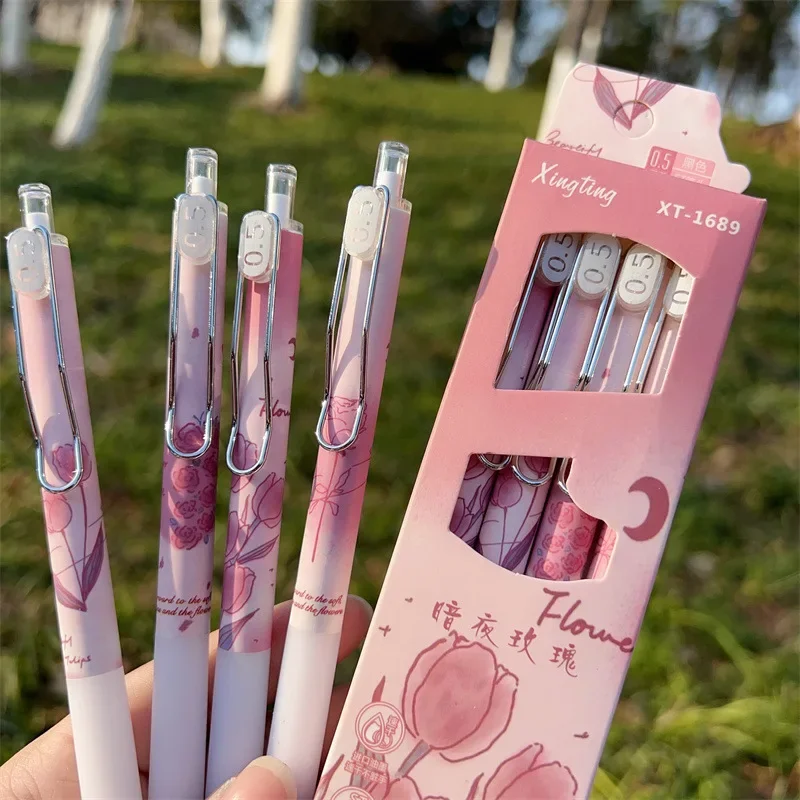 serie floral gel pen para criancas tulipa estetica papelaria flor rosa tinta preta caneta de escrita suprimentos estudante 05 mm pcs 01