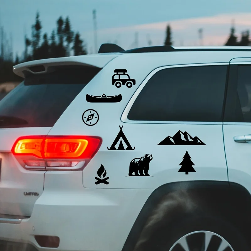 

13Pcs/Set Outdoor Adventure Vinyl Decals, White Waterproof Car Window Stickers Campfire SUV Pine Mountain Compass