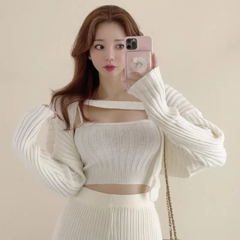 

5STUDIO MD37 Нежный женский сексуальный вязаный укороченный топ с поясом и жилет, комплект с открытым кардиганом, модная повседневная одежда для женщин