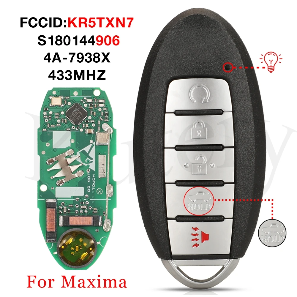 

jingyuqin 5BTN KR5TXN7 433MHZ 4A PCF7938X S180144906 Smart Keyless Remote Control Car Key Fob For NISSAN Maxima 2019+