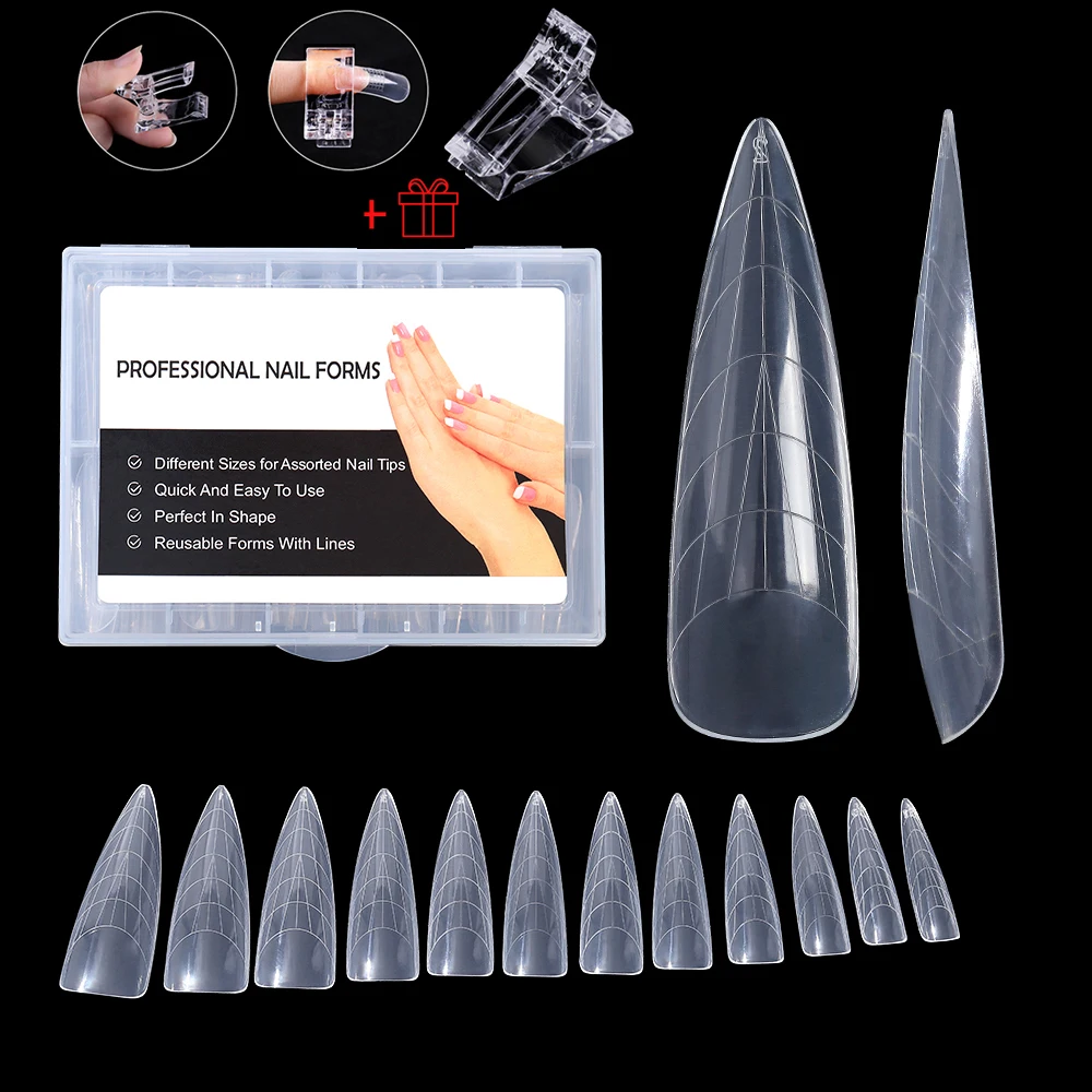 

NEW Stiletto Coffin Clear Dual Forms False Tips Quick Building Gel Mold Nail System Full Cover Nail Extension Forms Top