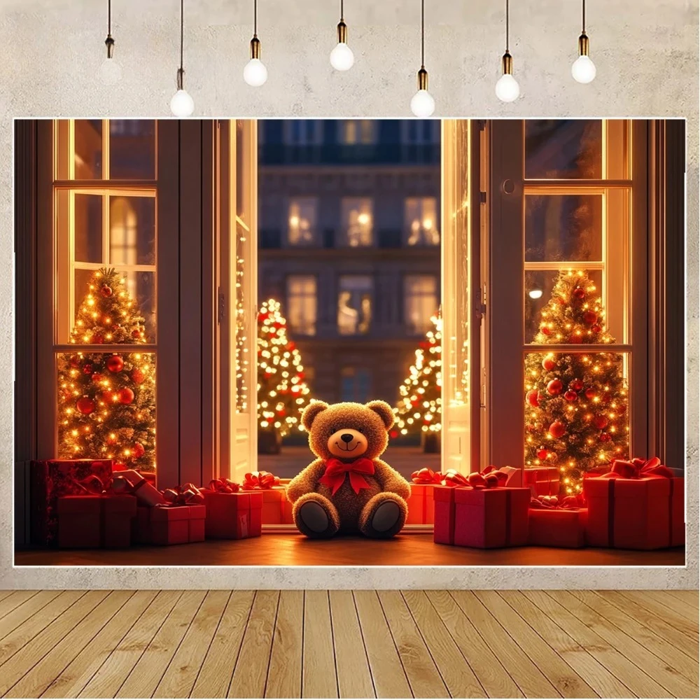 

Winter Christmas banner photography background birthday party warm bear Christmas wreath holiday portrait photography background