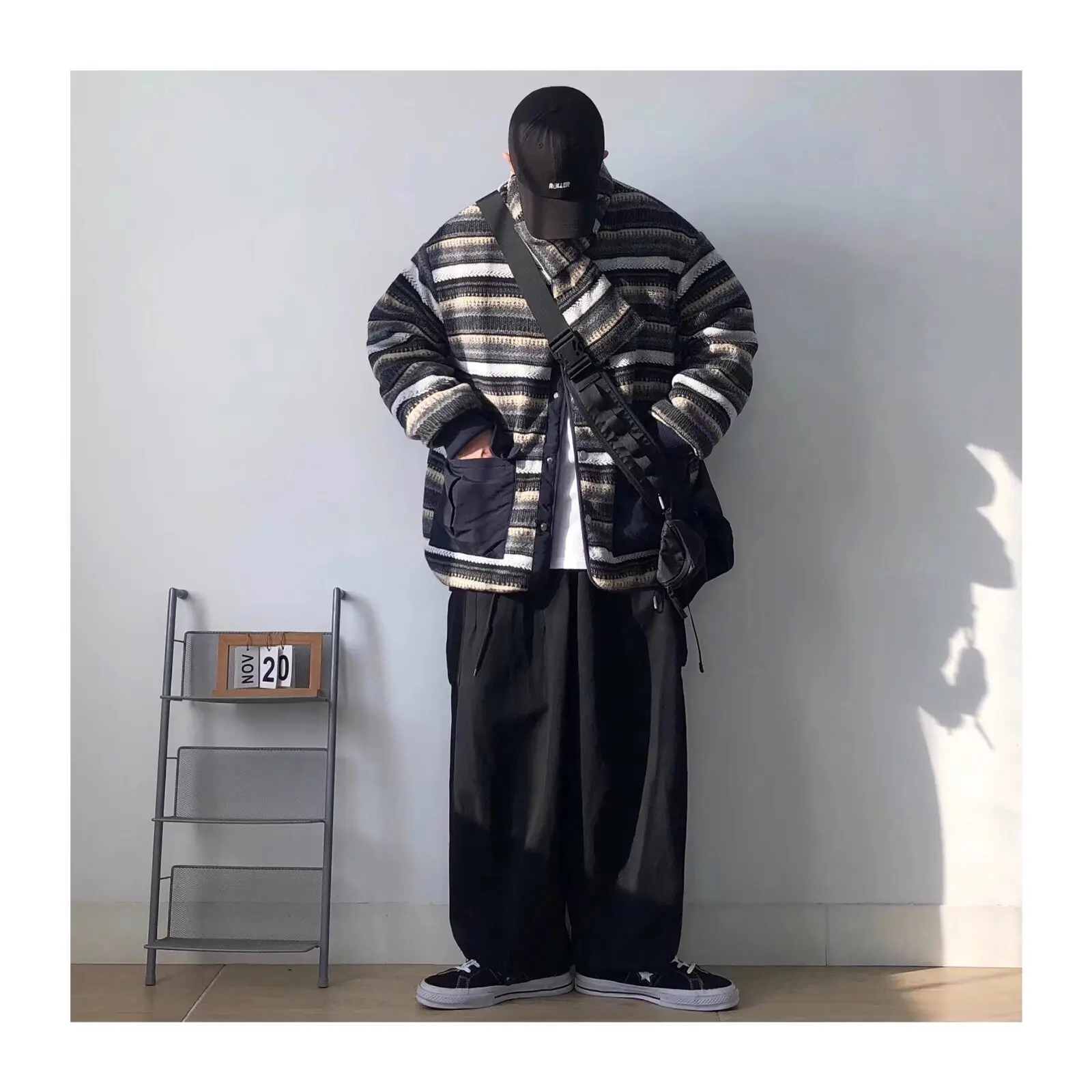 

Autumn Winter Large Size Double-Sided Wear Men's Cotton Jaet Coat No Collar Woolen Stripe Pattern Warm Stand Fit Casual ...