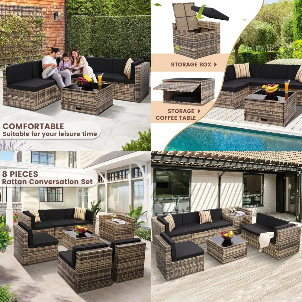 

8-Piece Outdoor Wicker Patio Sectional Set with Glass Top, Storage, Oversized Cushions in Natural Rattan & Black