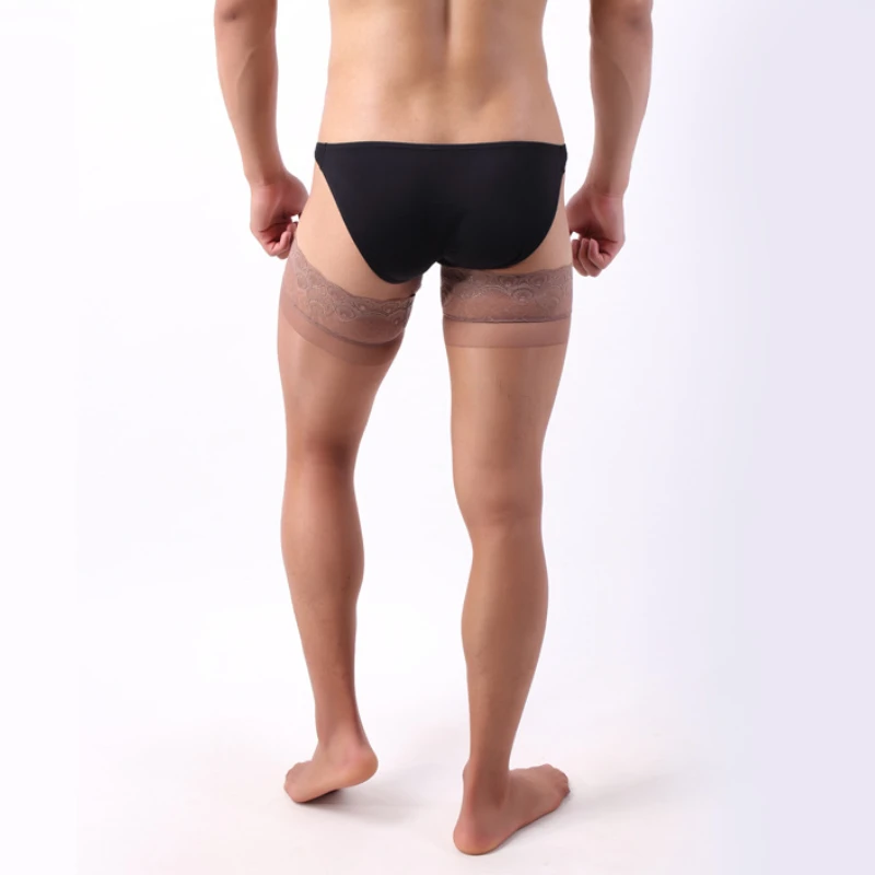 2 Pairs Man Ultrathin Anti-slip Nylon Stockings Mans Transparent Sexy Lace Thigh High Socks Gift for Men Stocking Male Socks New