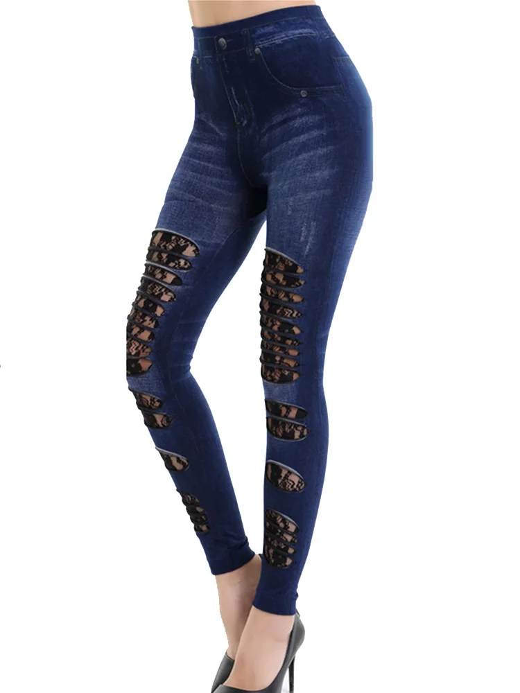 Sexy Leggings Faux Denim Jeans Jeggings Lace Hollow Floral New Fashion Penci Pants Fitness Leggins Sports Trousers