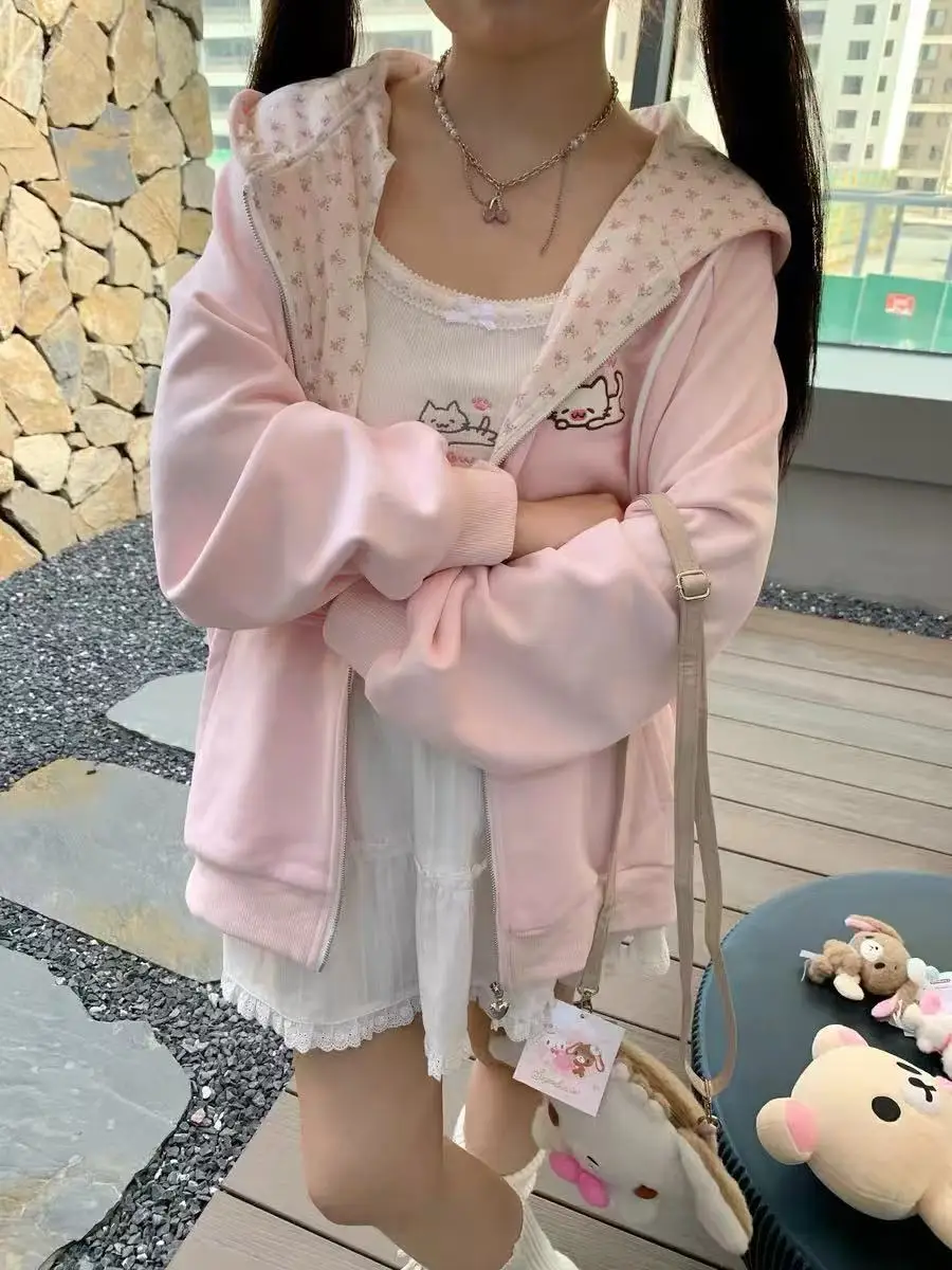 Kawaii Autumn Y2K Zipper Hoodie Harajuku Women's Cute Cat Embroidered Long Sleeve Casual Korean Subculture Sports Jacket Top