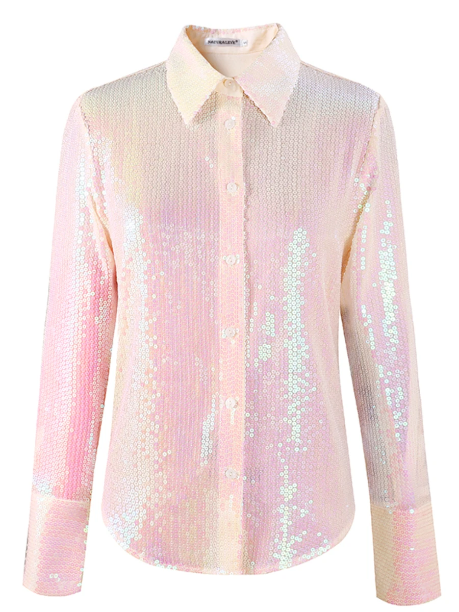 Imagem -05 - Primavera Verão Quente Meninas Moda Popular Glitter Camisa de Manga Longa Feminina Solta Estilo bf Pesado Bordado Lantejoulas Blusa Topo 2023